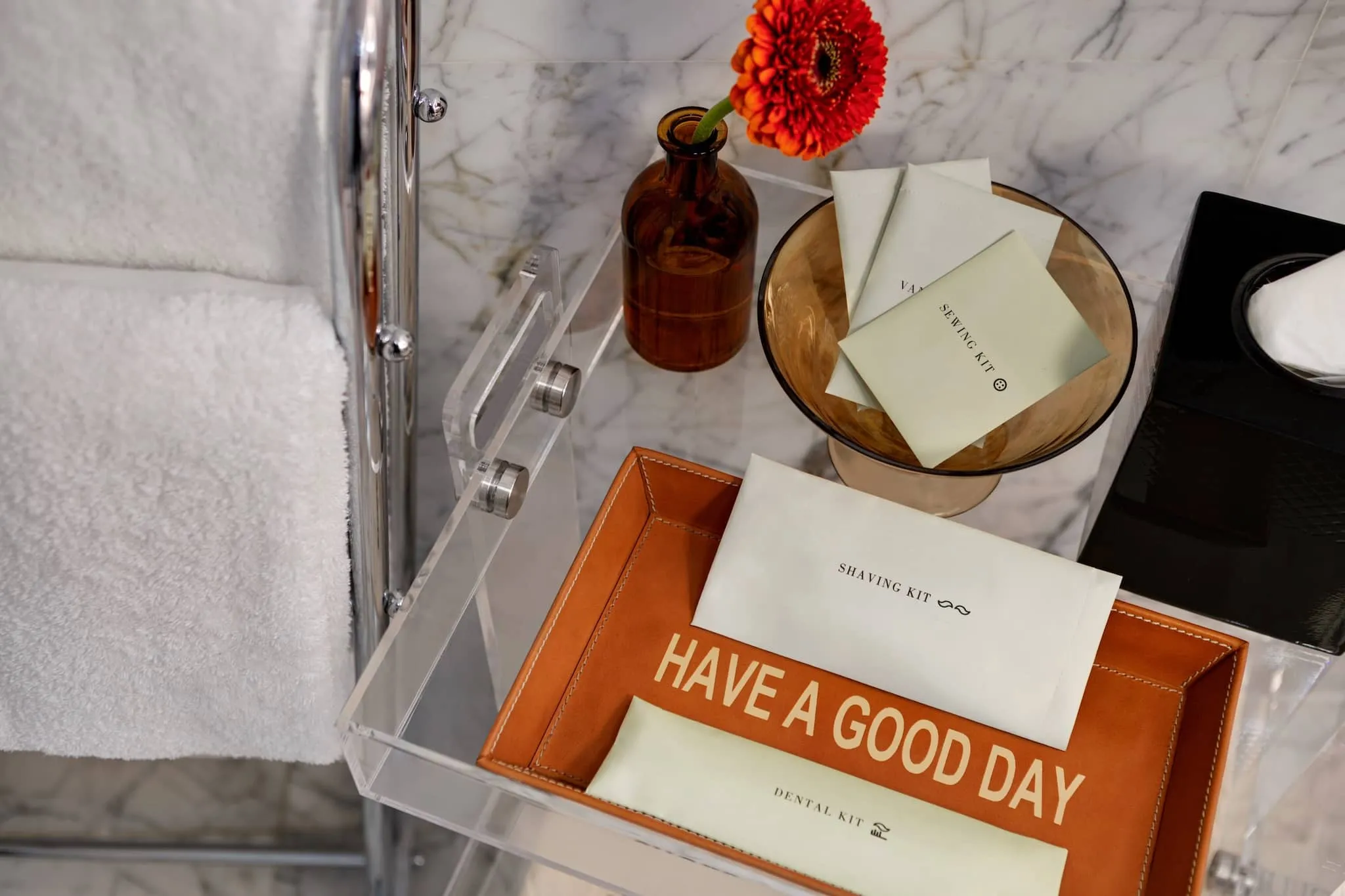 Refined bathroom design at The Chemists' Club Hotel NYC features minimalist luxury in Midtown Manhattan