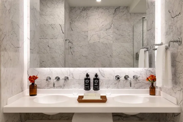 The Chemists' Club Hotel bathroom features contemporary fixtures and refined finishes in Manhattan