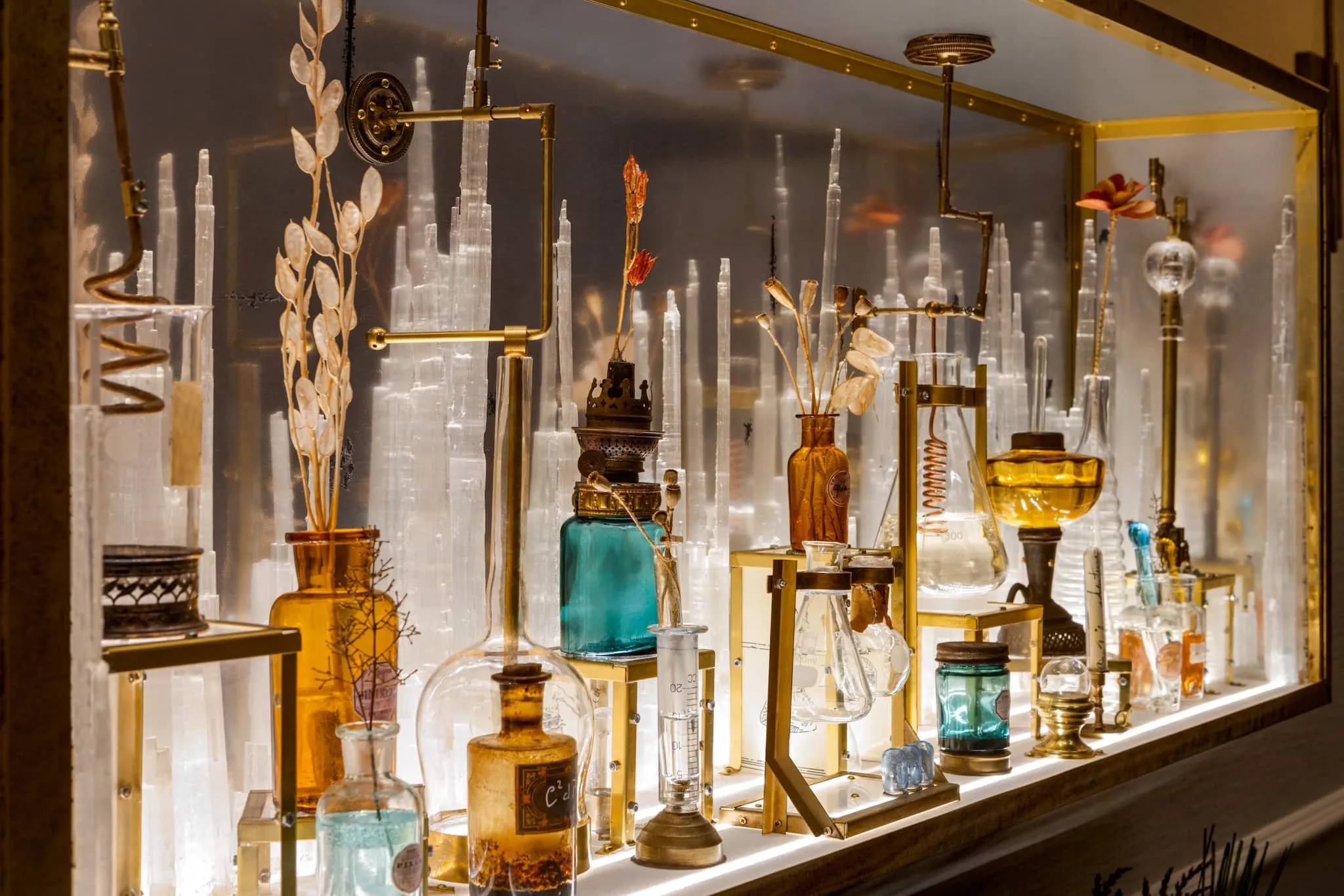 An image of decorative chemistry bottles found in the lobby of The Chemists' Club Hotel in NYC